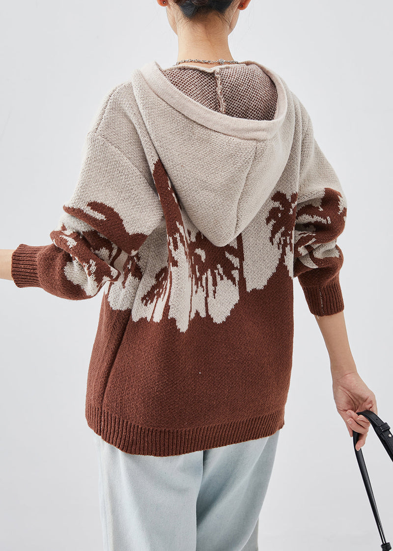 Khaki Hooded Jacquard Knit Sweatshirt Spring