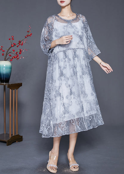 Grey Embroideried Tulle Robe Dresses Two Piece Set Summer