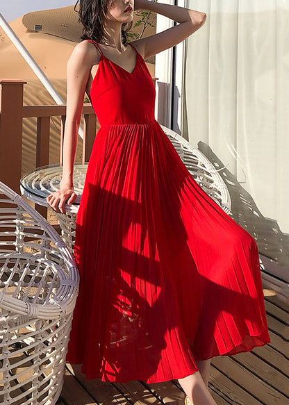 Red Wrinkled Chiffon Spaghetti Strap Dress V Neck Summer