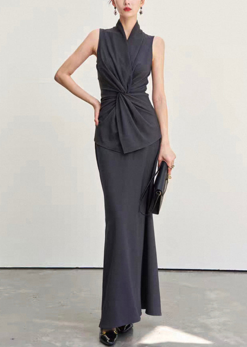 Italian Dark Gray V Neck Wrinkled Tank and Skirts Cotton Two Pieces Set Sleeveless