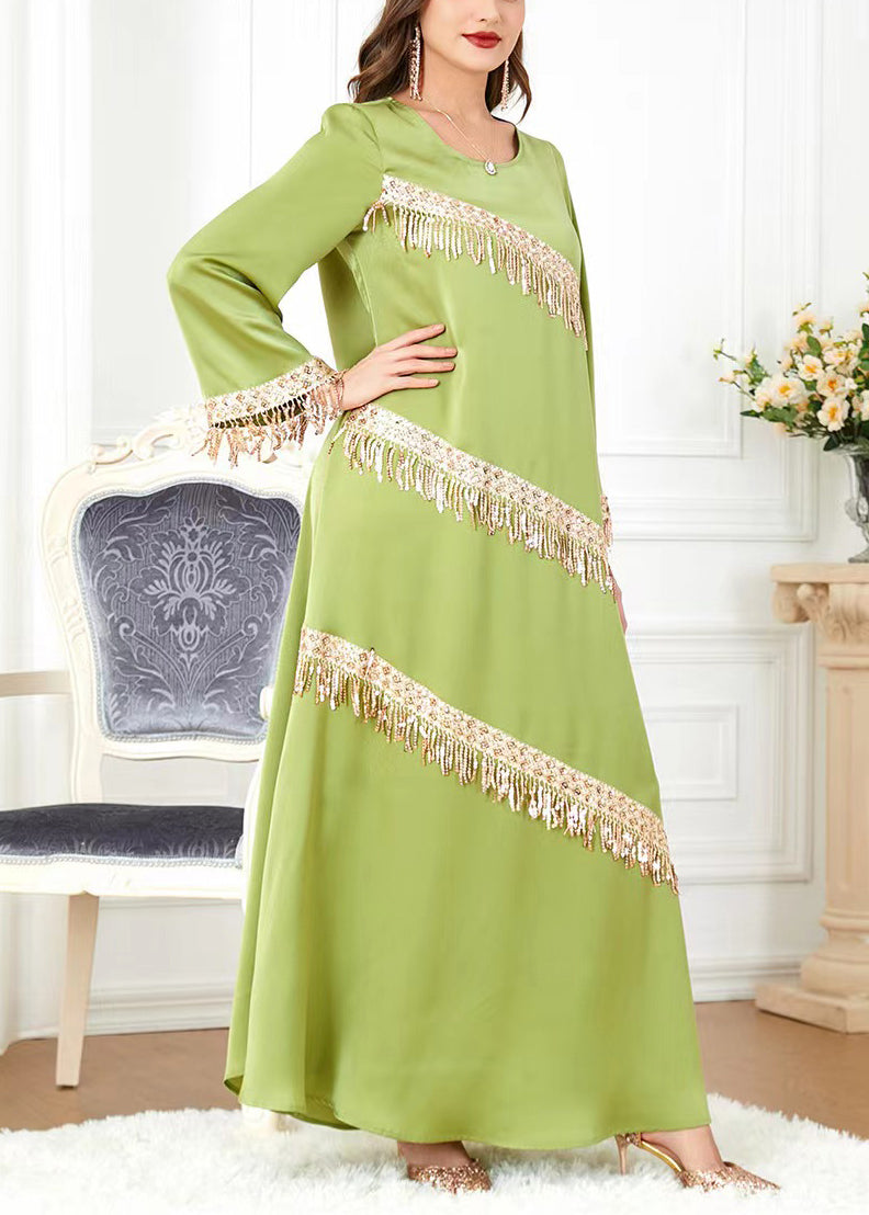 New Green O-neck Tasseled Cotton Long Dress Spring