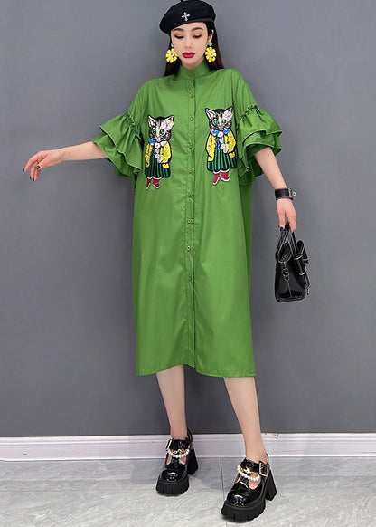 Green Stand Collar Cat Embroideried Shirt Dress Ruffles Sleeve