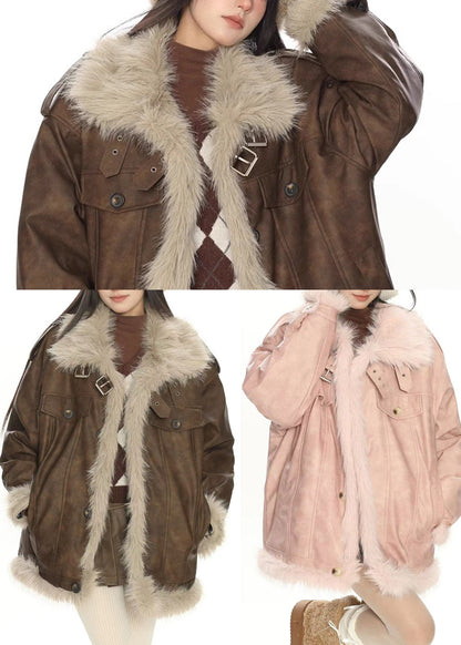 Modern Brown Oversized Patchwork Faux Leather Jackets Winter
