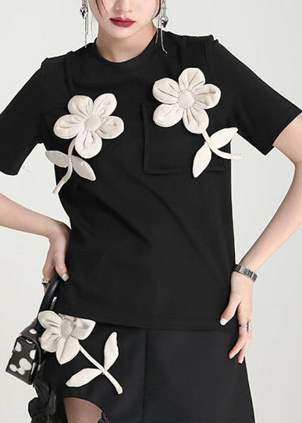 Original Design Black O-neck Patchwork Applique Cotton Tank Tops Short Sleeve