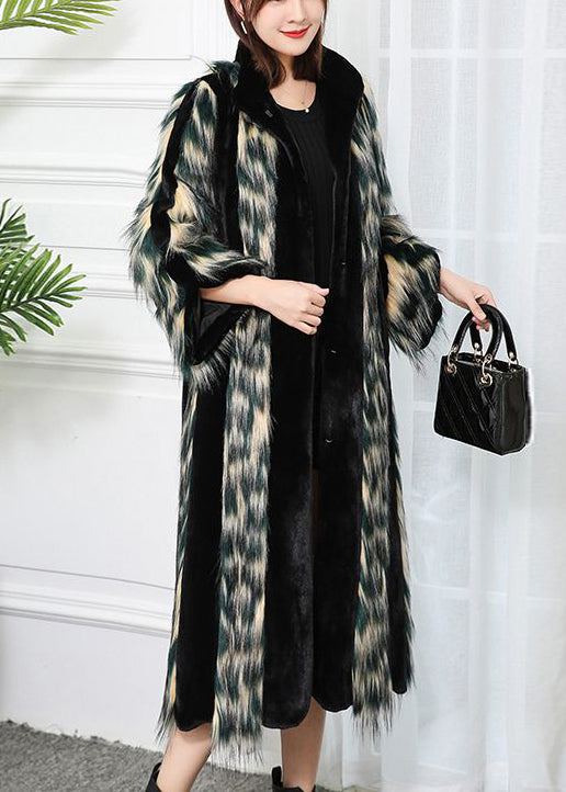 Gradient Color Striped Patchwork Faux Leather and Fur Coat Outwear Winter