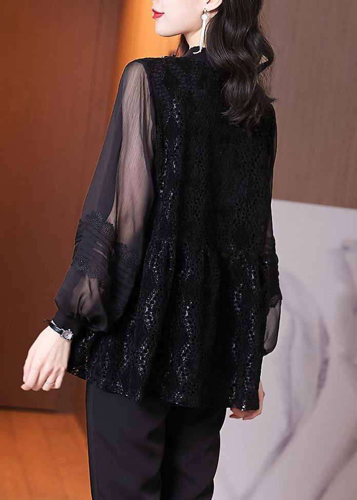 Black Embroideried Hollow Out Patchwork Lace Top Lantern Sleeve