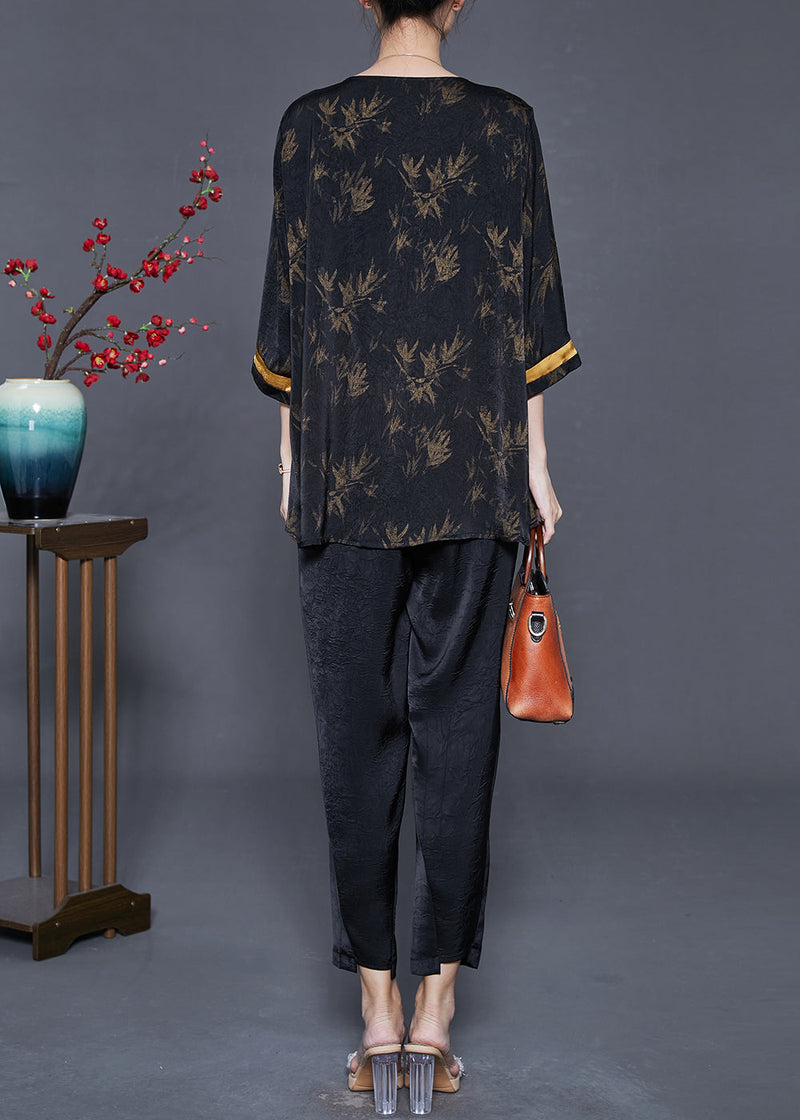 Black Oversized Print Silk Two Pieces Set Summer