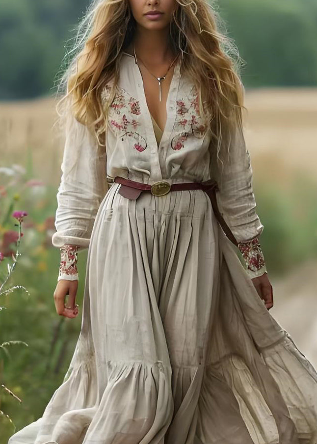 Beige V Neck Print Patchwork Cotton Long Dress Spring
