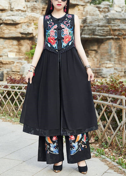 Black Embroideried Chinese Button Patchwork Silk Long Waistcoat Sleeveless
