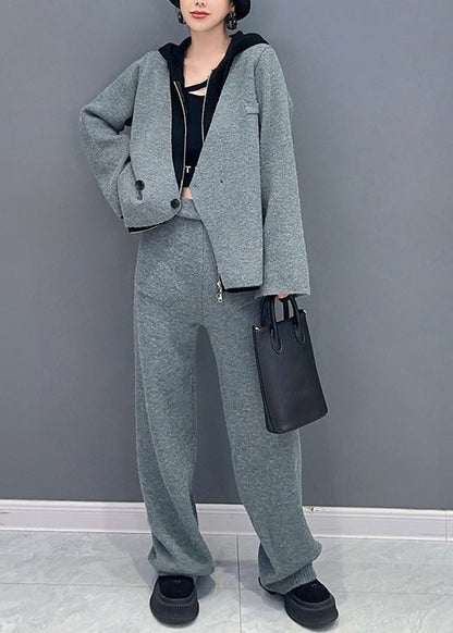 French Rose Hooded Tops and Pants Woolen Two Piece Suit Set Fall