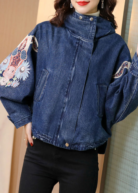 Blue Stand Collar Embroideried Denim Coats Spring