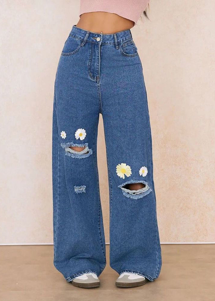 Stylish Blue Embroidered Pockets Straight Ripped Jeans Spring