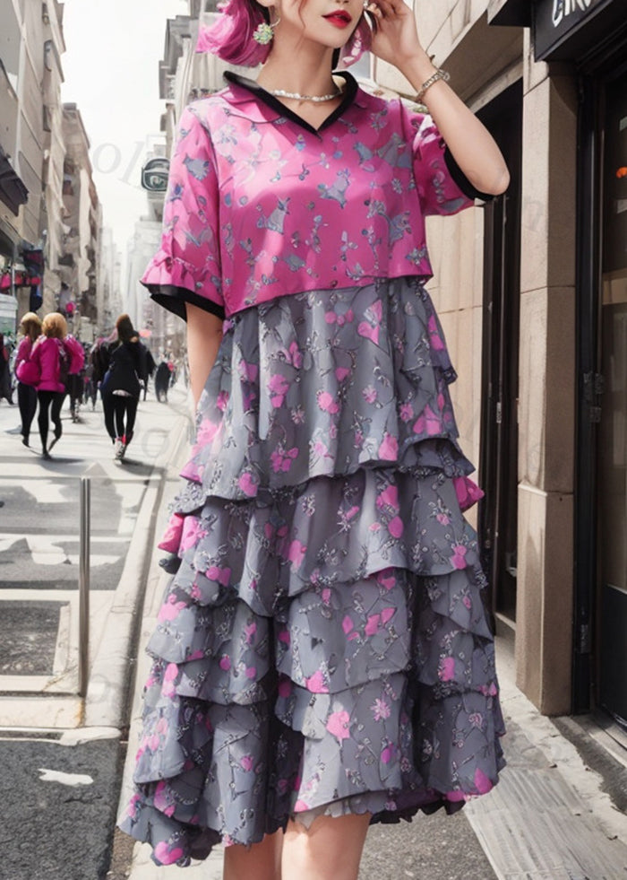 Rose Print Layered Ruffles Silk Dress Summer