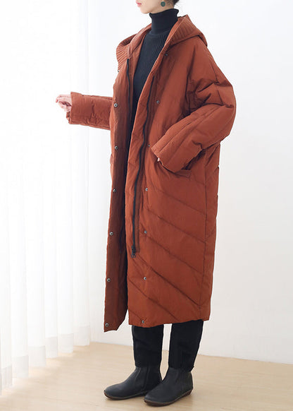 Caramel Zippered Button Pockets Hooded Down Coat Long Sleeve