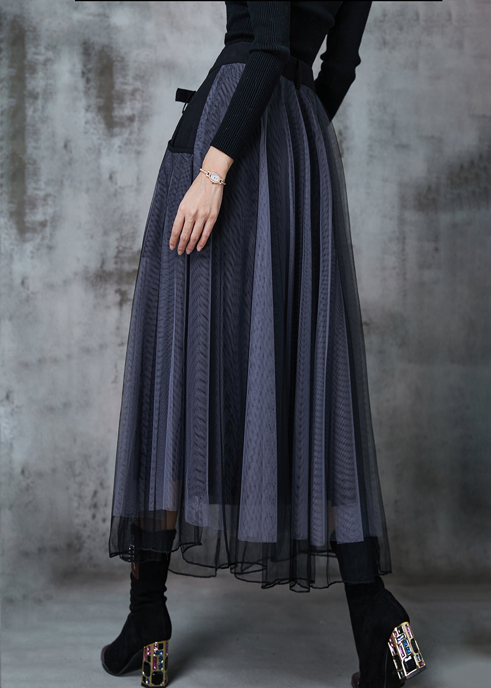 Grey Exra Large Hem Patchwork Tulle Pleated Skirt Spring