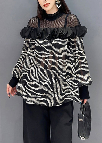 Yellow Leopard Tulle Patchwork Chiffon Top Long Sleeve