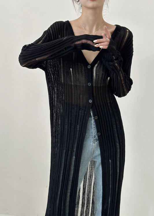 Black V Neck Hollow Out Ice Silk Knit Cardigan Fall