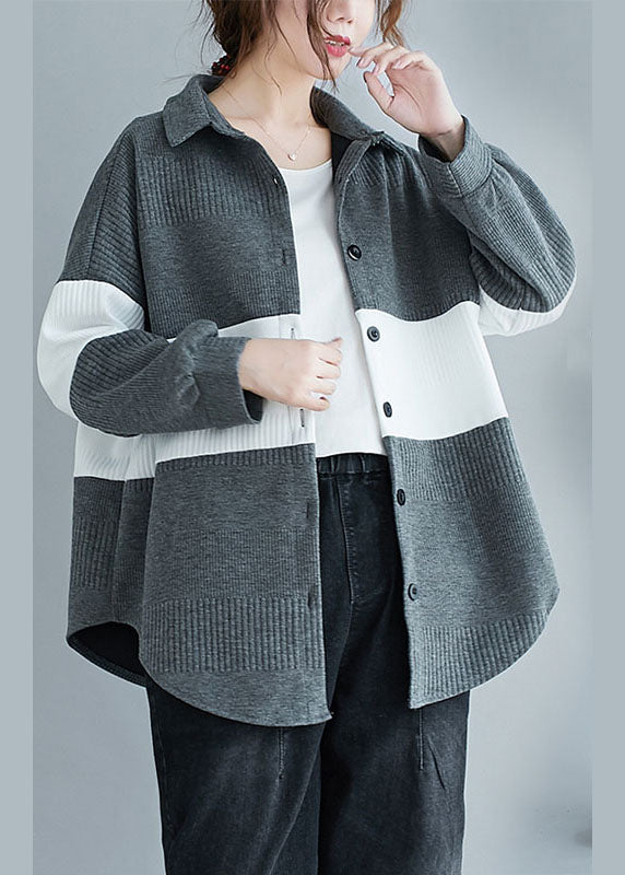 Grey Peter Pan Collar Button Patchwork Fall Shirt Top Long Sleeve