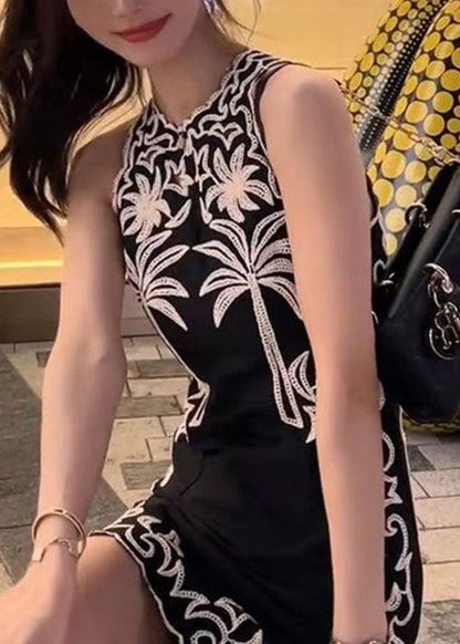New Black O-neck Print Cotton Mid Dress Sleeveless