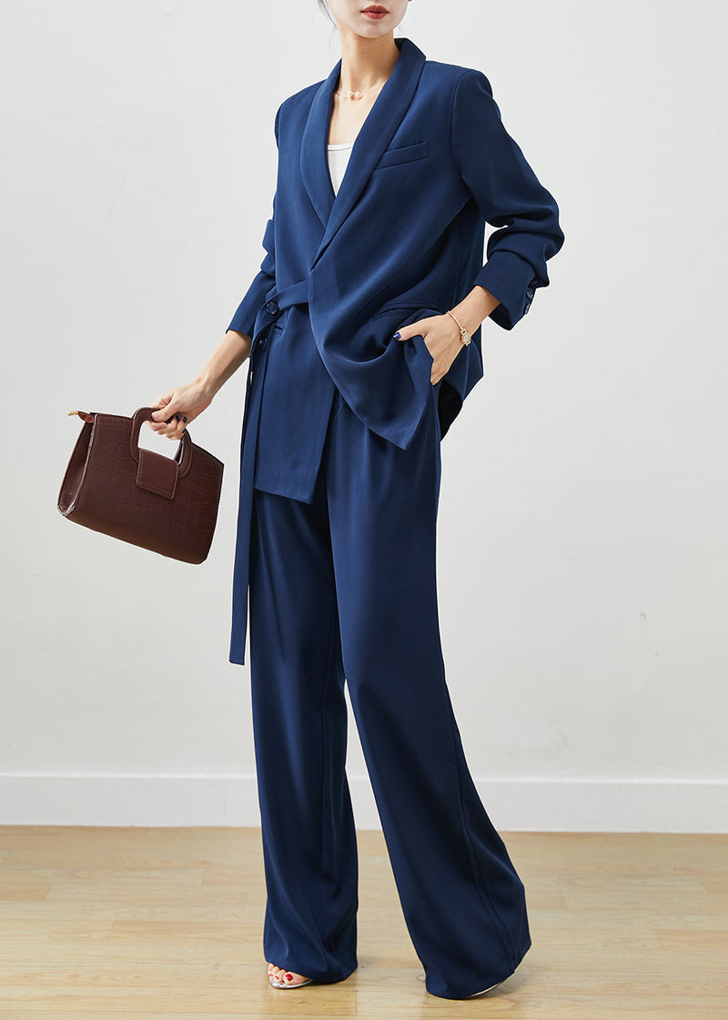 Navy Tie Waist Draping Spandex Two Pieces Set Fall