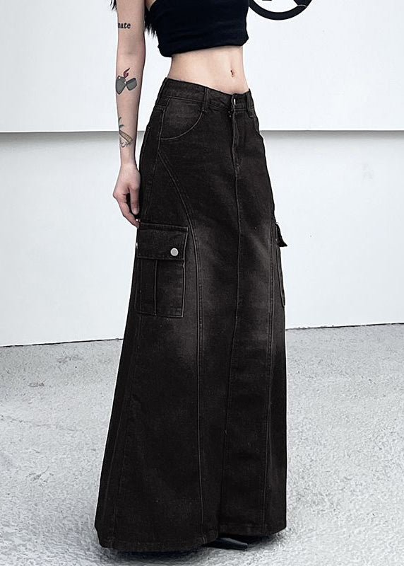 Dark Gray Pockets Side Open Denim Skirt Summer