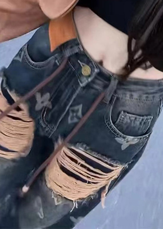New Ripped Printed Denim Straight Leg Pants for Spring