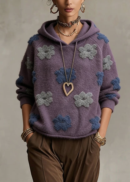 Purple Hooded Cotton Knit Sweaters Spring
