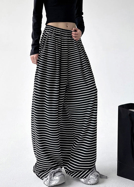 Black White Striped Elastic Waist Wide Leg Pants Spring