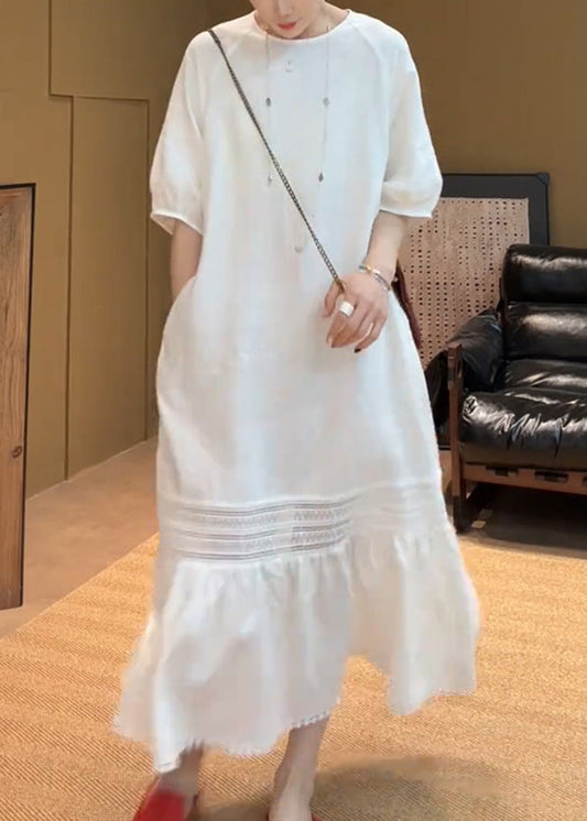 White O Neck Pockets Cotton Long Dress Summer