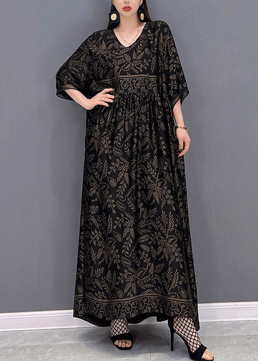 Black V Neck Print Silk Long Dress Short Sleeve