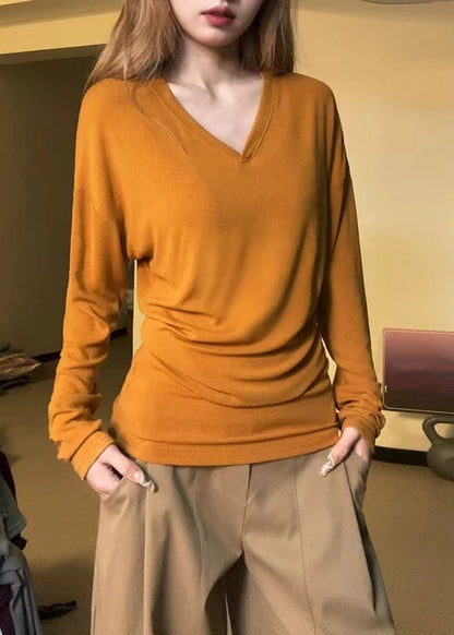 Simple Orange V Neck Cotton T Shirt Fall