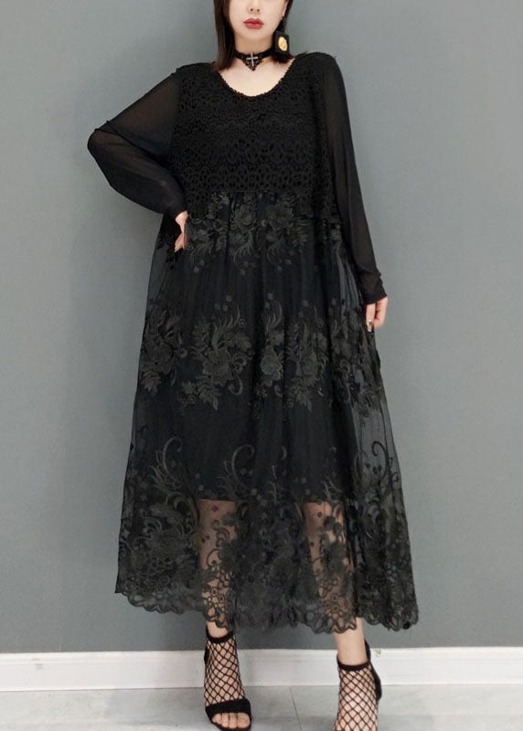 Loose Black O-neck Lace Vacation Dresses Long Sleeve