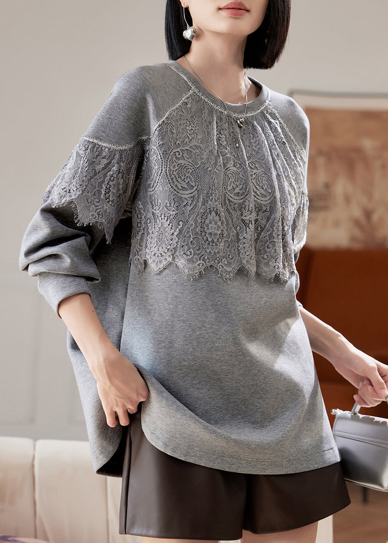 Grey O Neck Lace Patchwork Cotton Sweatshirts Spring