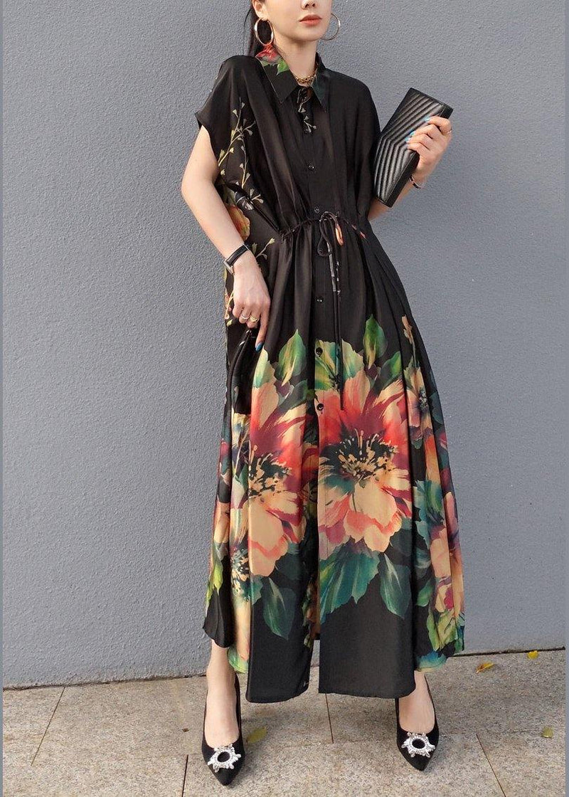 Lapel Drawstring Spring Tunic Sleeve Black Print Robe Dresses