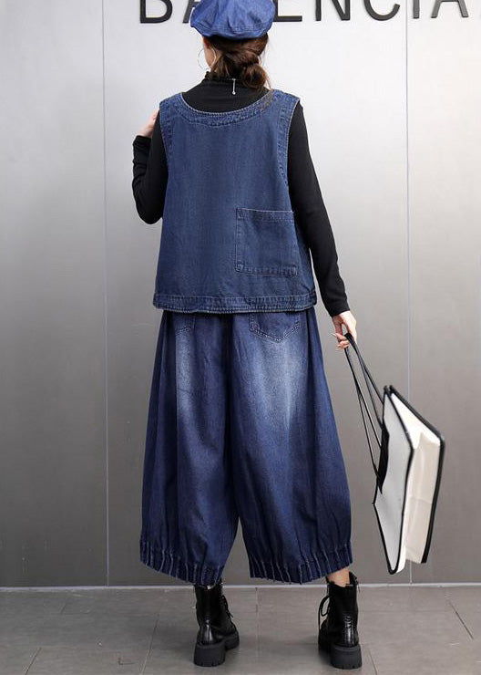 Navy Oversized Denim Vests and Harem Pants Two Pieces Set Summer