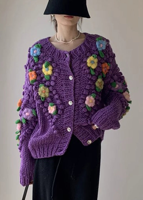 New Purple Button Patchwork Knit Coat Winter