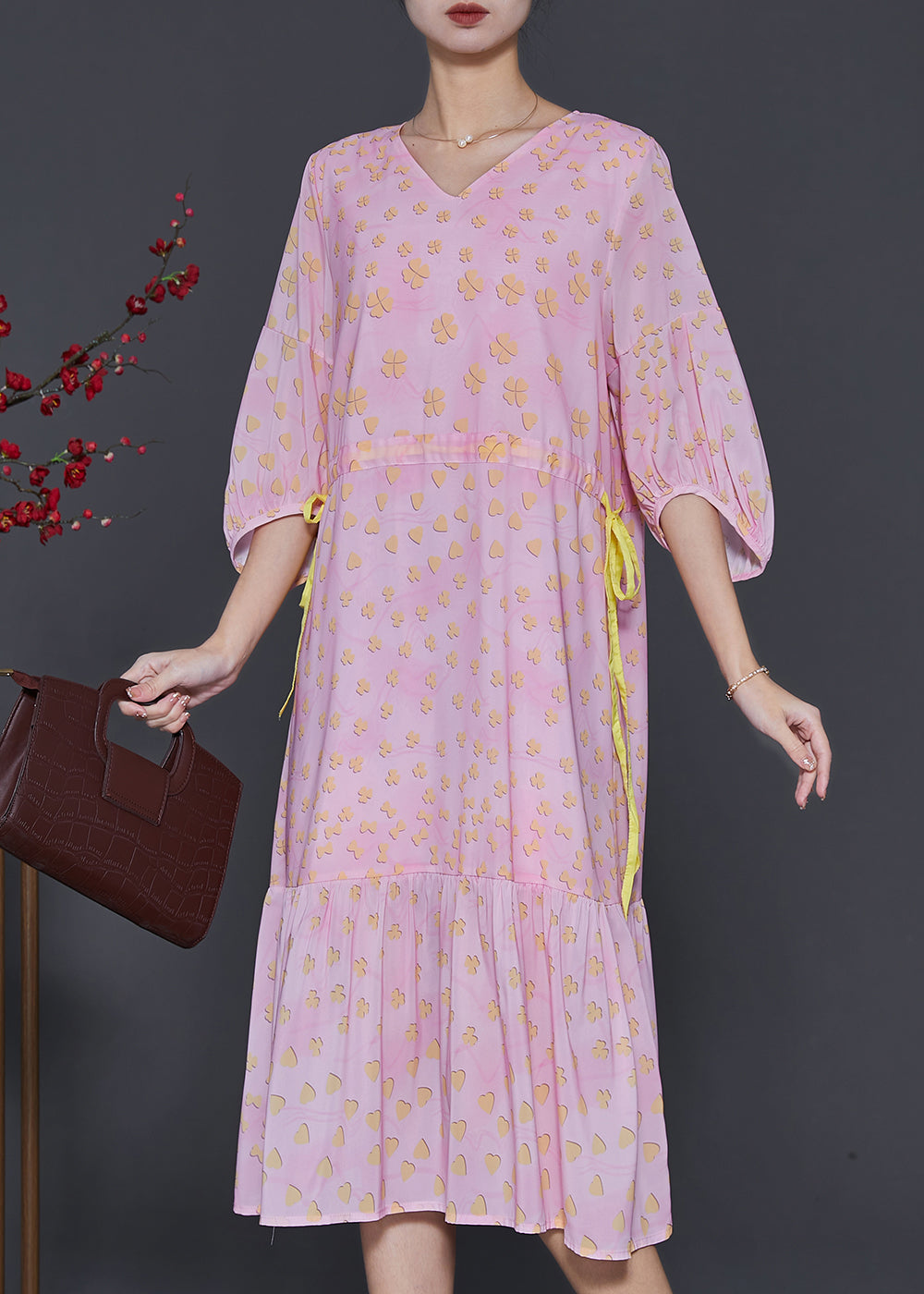 Pink Print Drawstring Cotton Maxi Dresses Bracelet Sleeve