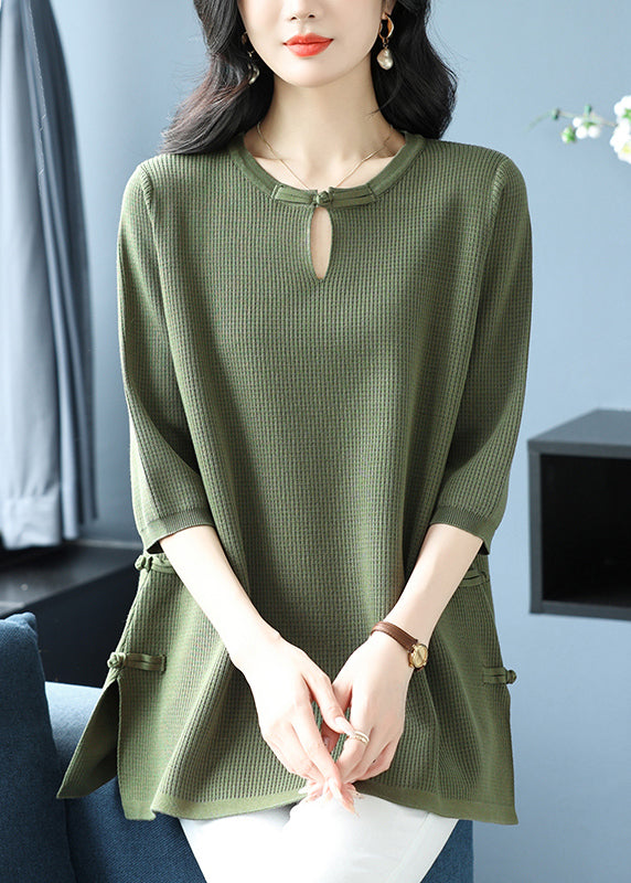 Green O Neck Oriental Button Ice Silk Knit Top Spring