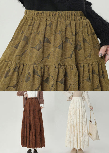Coffee Elastic Waist Lace Warm Fleece Skirts Winter