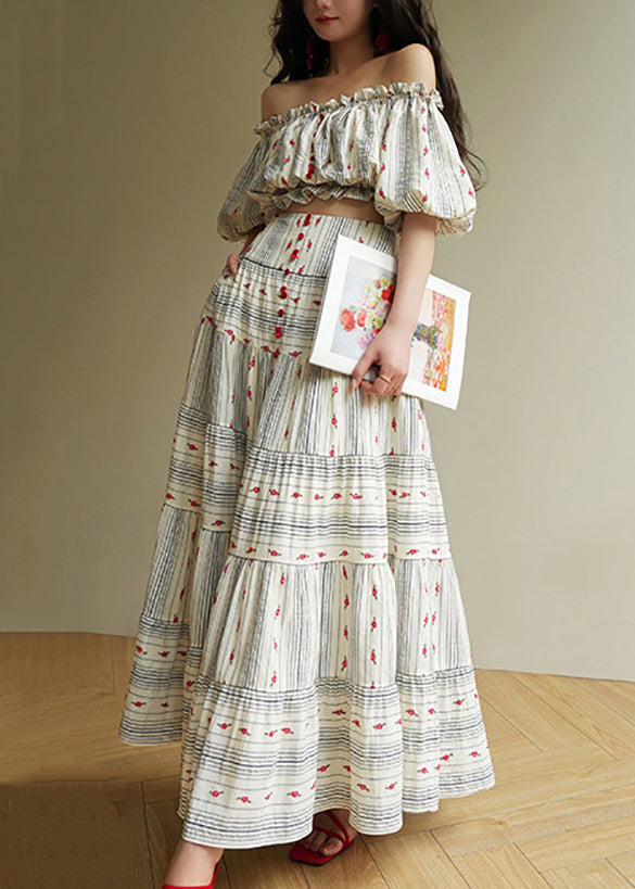 Striped Ruffled Print Tops and Skirts Cotton Two Pieces Set Summer