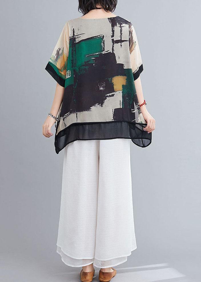 Green Print O-neck Two Pieces Set Summer Chiffon