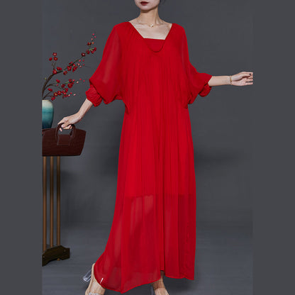 Italian Red Backless Chiffon Vestidos Long Dress Batwing Sleeve