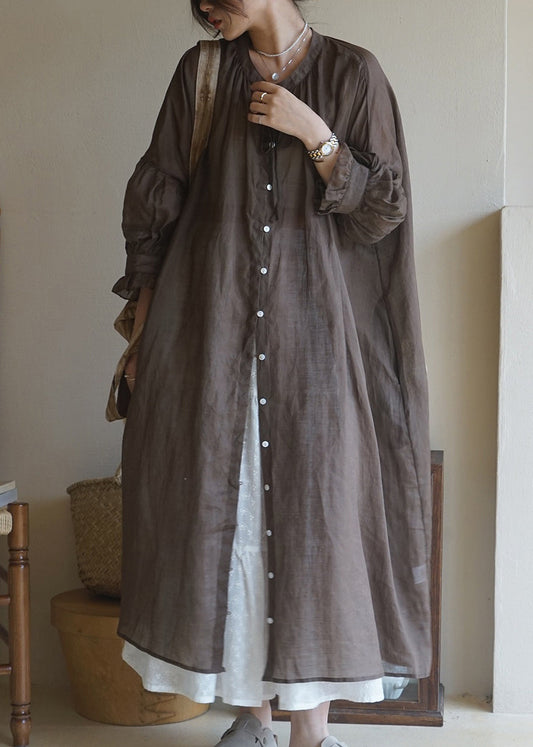 Coffee Ruffled Button Cotton Shirt Long Dresses Long Sleeve