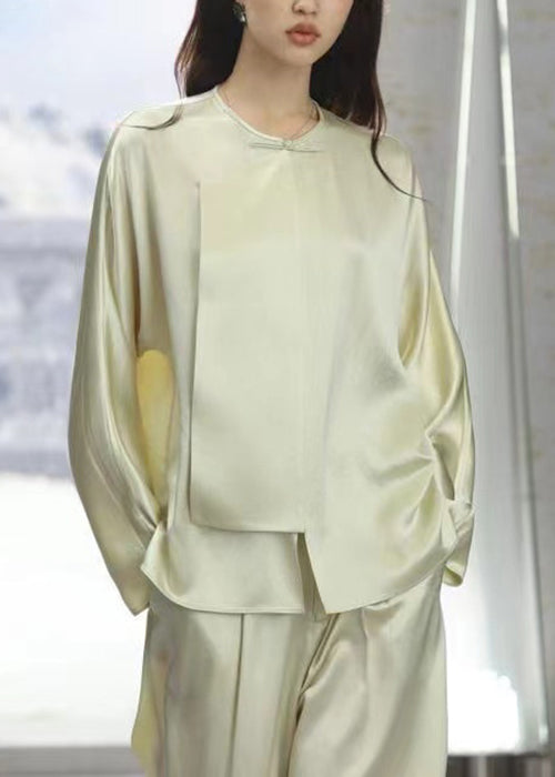 New Light Green O-neck Button Silk Pajamas Two-piece Set Long Sleeve