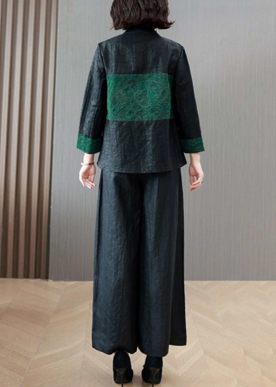Boutique Black Tops and Wide Leg Pants Silk Two Piece Suit Set Spring