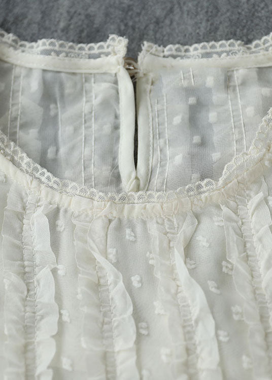 Beige O-neck Ruffled Jacquard Silk Shirts Short Sleeve