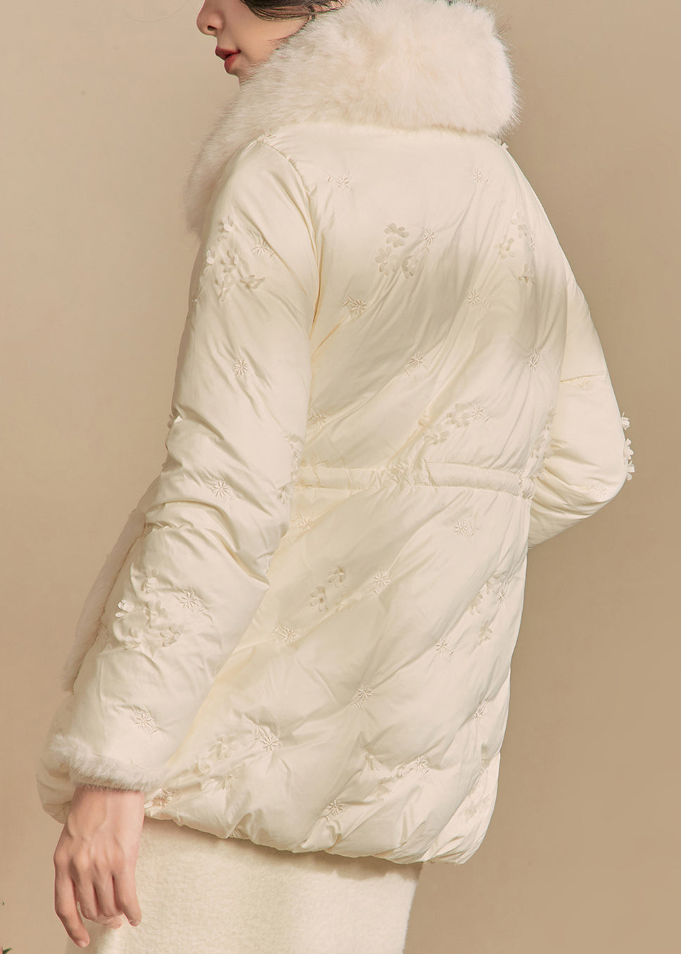 Beige Fur Collar Button Duck Down Puffer Coat Winter