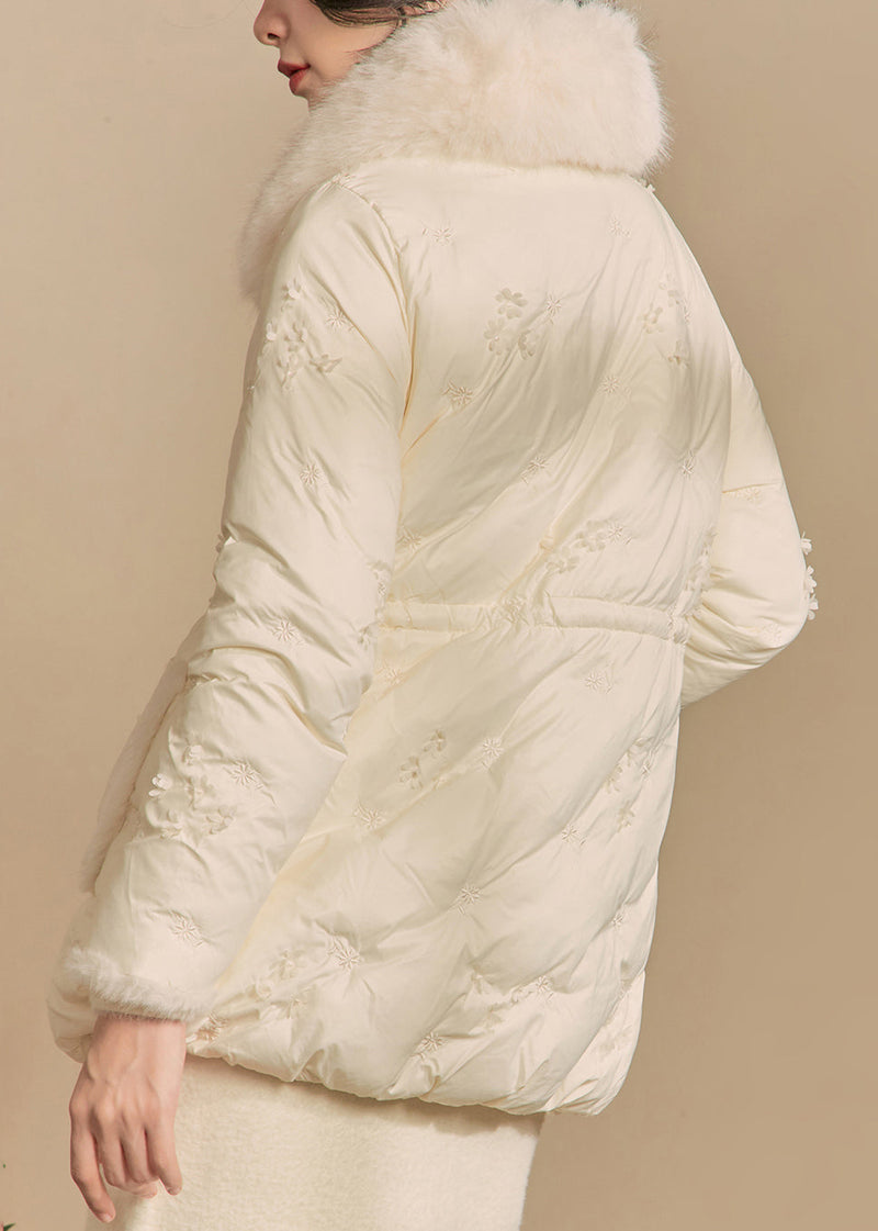 Beige Fur Collar Button Duck Down Puffer Coat Winter