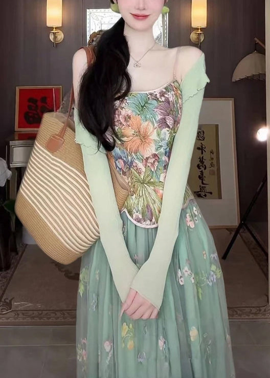 Green Print Tulle Vests and Skirts Two Piece Set Outfits Summer