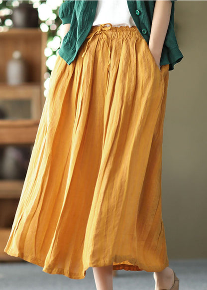 Yellow Elastic Waist Wrinkled Linen Skirt Summer